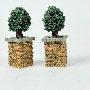 Vintage Department 56 Village 2 Stone Corner Posts W/Miniature Green Topiaries